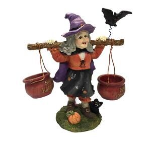 Halloween Witch with Bat and Cauldrons Resin Figurine